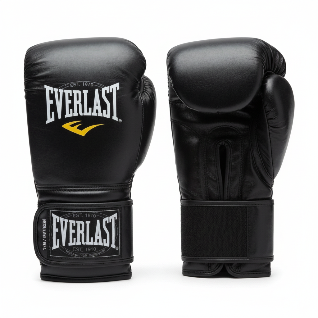 A pair of black Everlast boxing gloves shown from the front and back on a white background, with the Sporting goods.lb logo in the top right corner.