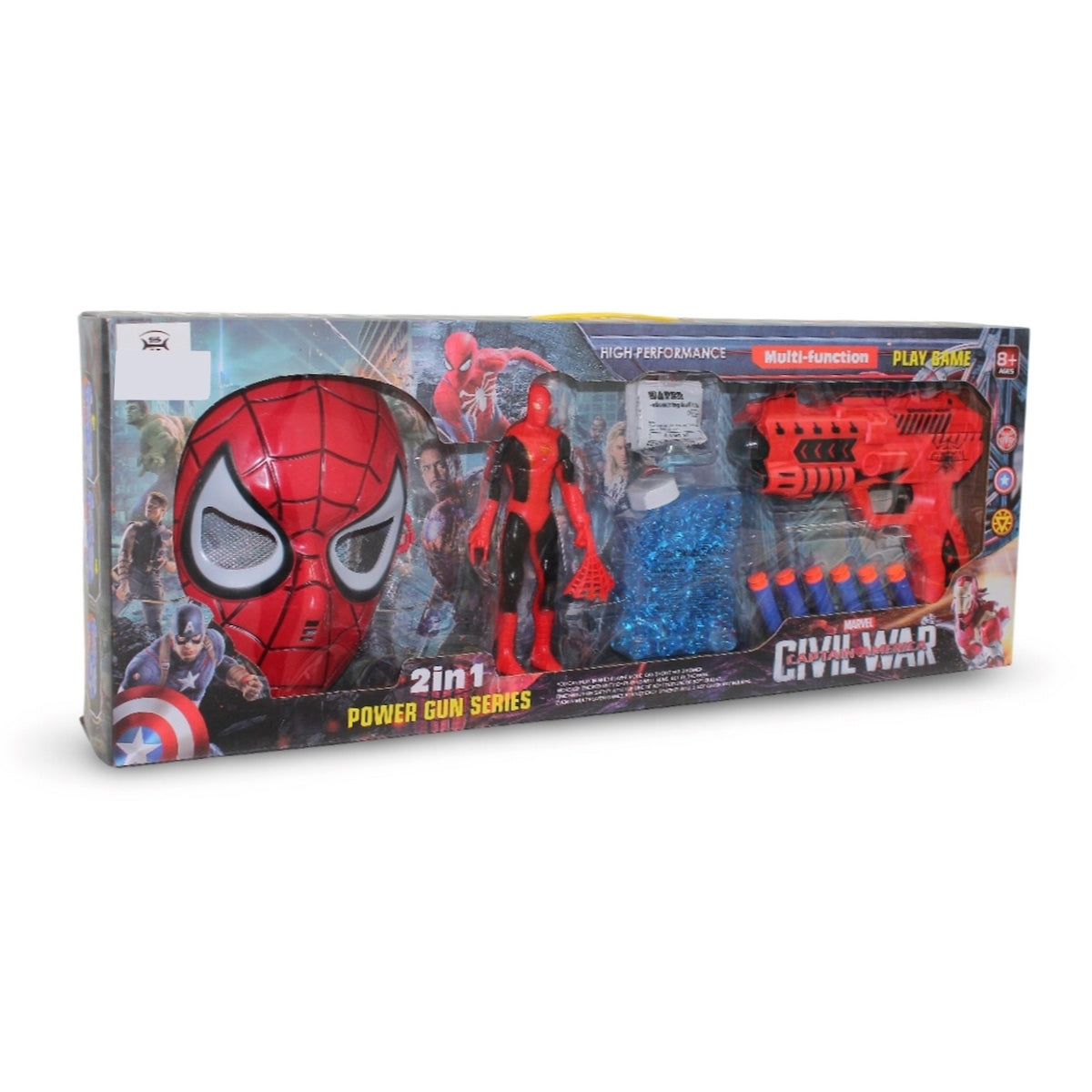 2 in 1 gun with spiderman mask and toy figure