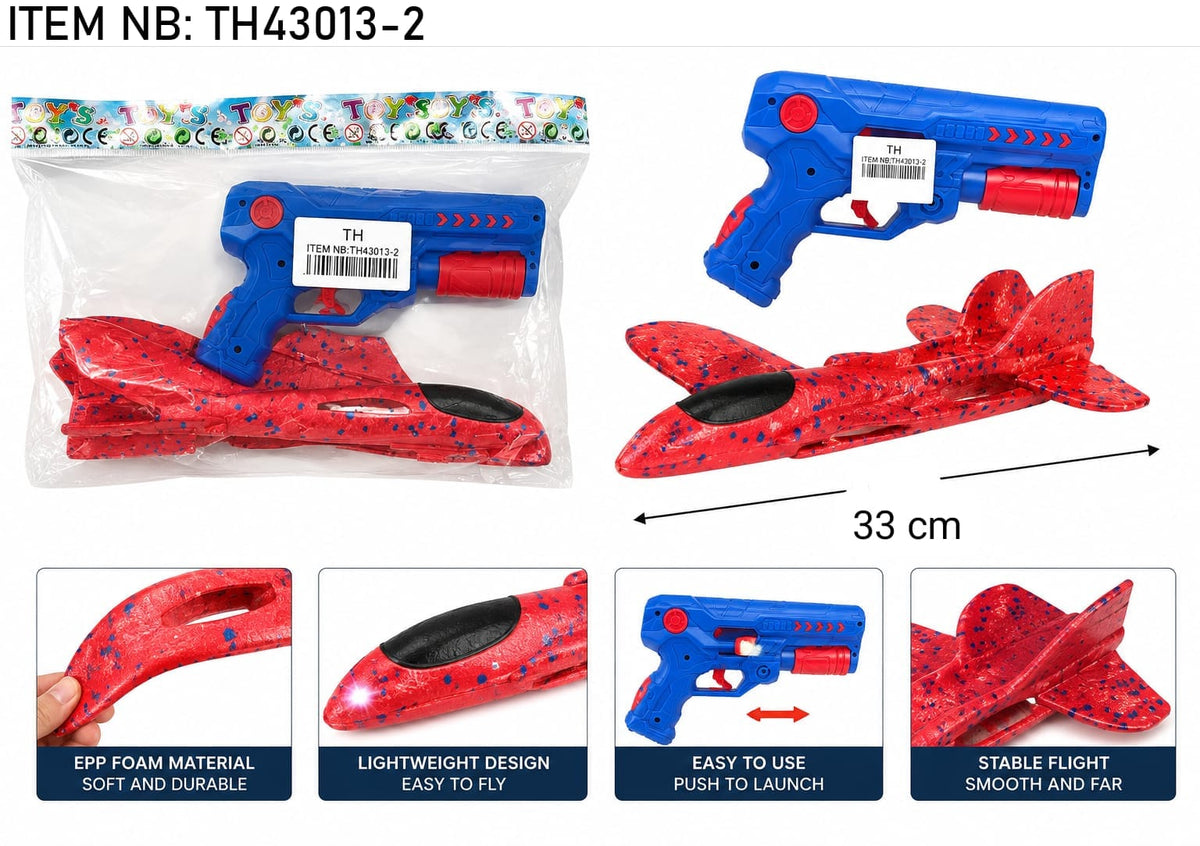 Foam airplane with light and blue launch gun