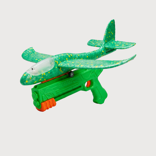 Foam airplane with light and blue launch gun