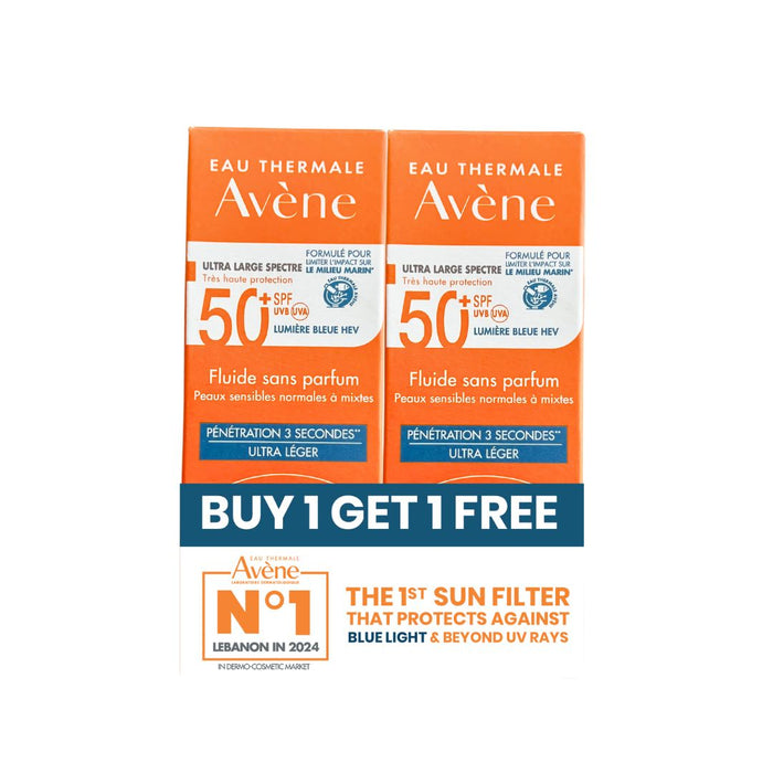 Avene Very High Sun Protection SPF 50 Fluid for Combination to Oily Skin 50ML - Matte Finish UV Defense Buy 1 Get 1 Free