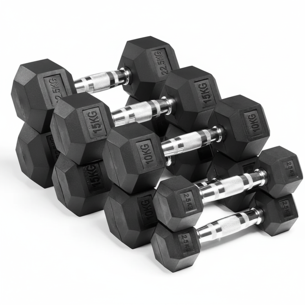 A set of black hexagonal dumbbells with silver metal handles, arranged in a stack on a white background. The weights are marked with engraved numbers including 22KG, 15KG, 10KG, and 5KG.