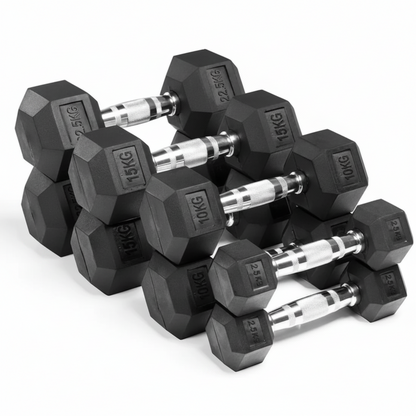 A set of black hexagonal dumbbells with silver metal handles, arranged in a stack on a white background. The weights are marked with engraved numbers including 22KG, 15KG, 10KG, and 5KG.