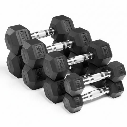 A set of black hexagonal dumbbells with silver metal handles, arranged in a stack on a white background. The weights are marked with engraved numbers including 22KG, 15KG, 10KG, and 5KG.
