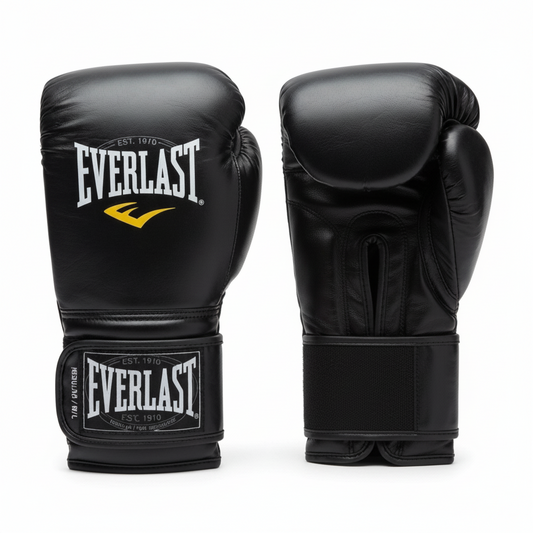 A pair of black Everlast boxing gloves shown from the front and back on a white background, with the Sporting goods.lb logo in the top right corner.